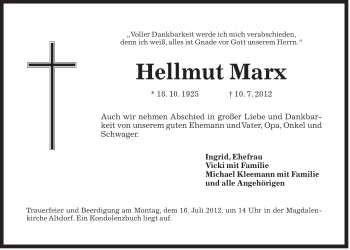 Traueranzeige von Hellmut Marx von Der Bote
