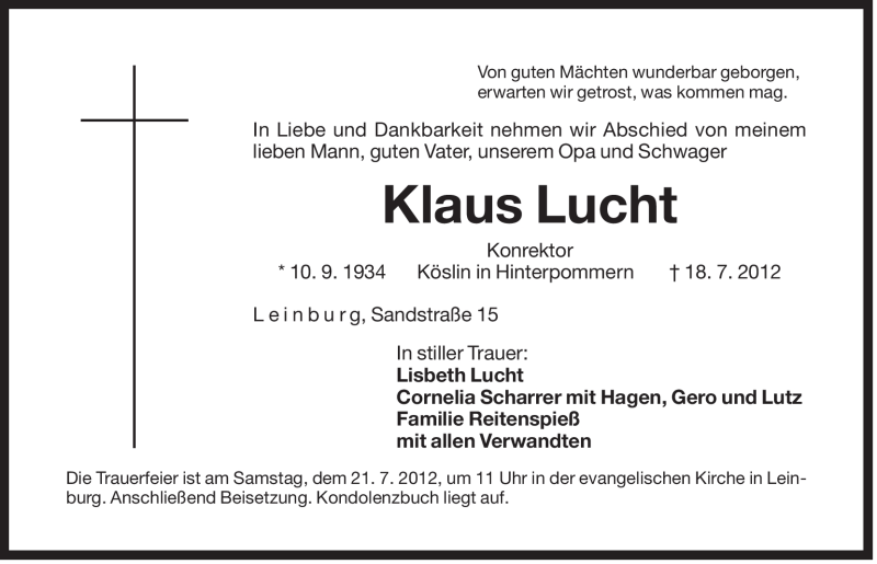  Traueranzeige für Klaus Lucht vom 20.07.2012 aus Der Bote