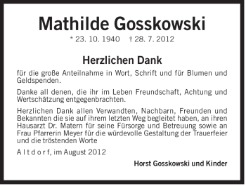 Traueranzeige von Mathilde Gosskowski von Der Bote