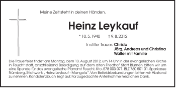 Traueranzeige von Heinz Leykauf von Der Bote