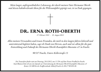 Traueranzeige von Erna Roth-Oberth von Der Bote