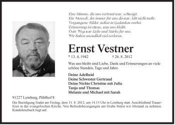 Traueranzeige von Ernst Vestner von Der Bote