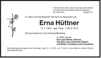 Traueranzeige von Erna Hüttner von Der Bote