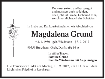 Traueranzeige von Magdalena Grund von Der Bote