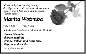 Traueranzeige von Marita Wotruba von Der Bote