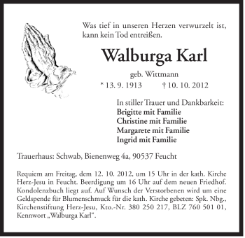 Traueranzeige von Walburga Karl von Der Bote