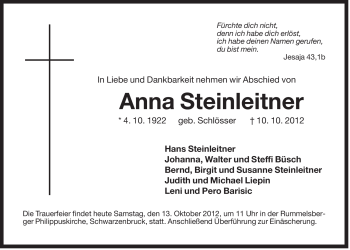 Traueranzeige von Anna Steinleitner von Der Bote