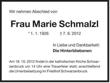 Traueranzeige von Marie Schmalzl von Der Bote