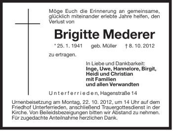 Traueranzeige von Brigitte Mederer von Der Bote