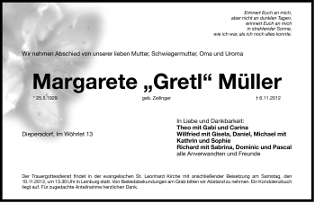 Traueranzeige von Margarete Müller von Der Bote