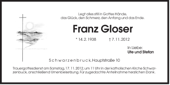 Traueranzeige von Franz Gloser von Der Bote