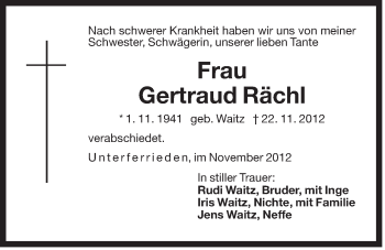 Traueranzeige von Gertraud Rächl von Der Bote