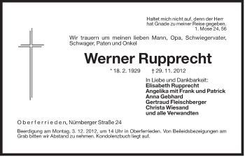 Traueranzeige von Werner Rupprecht von Der Bote