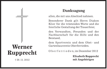 Traueranzeige von Werner Rupprecht von Der Bote
