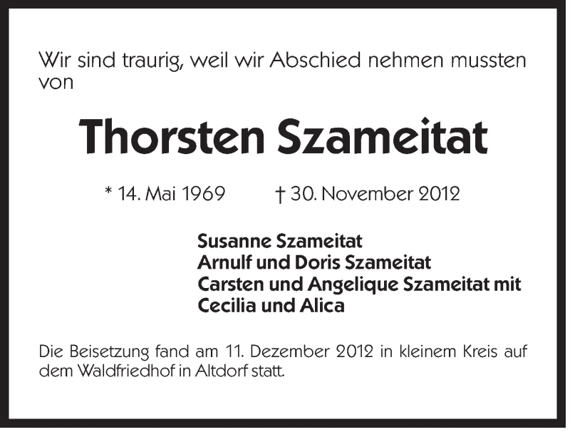  Traueranzeige für Thorsten Szameitat vom 12.12.2012 aus Der Bote
