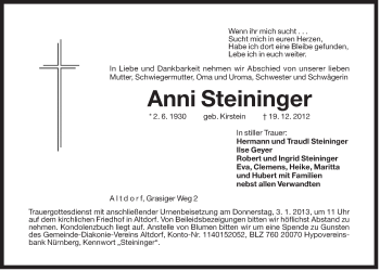 Traueranzeige von Anni Steininger von Der Bote