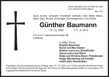Traueranzeige von Günther Baumann von Der Bote