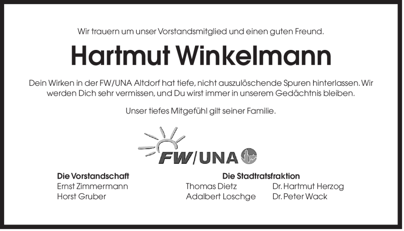  Traueranzeige für Hartmut Winkelmann vom 20.01.2012 aus Der Bote