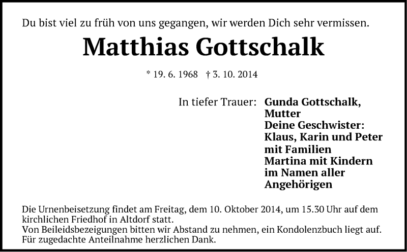  Traueranzeige für Matthias Gottschalk vom 08.10.2014 aus Der Bote