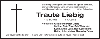 Traueranzeige von Traute Liebig von Der Bote