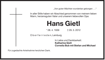 Traueranzeige von Hans Gietl von Der Bote