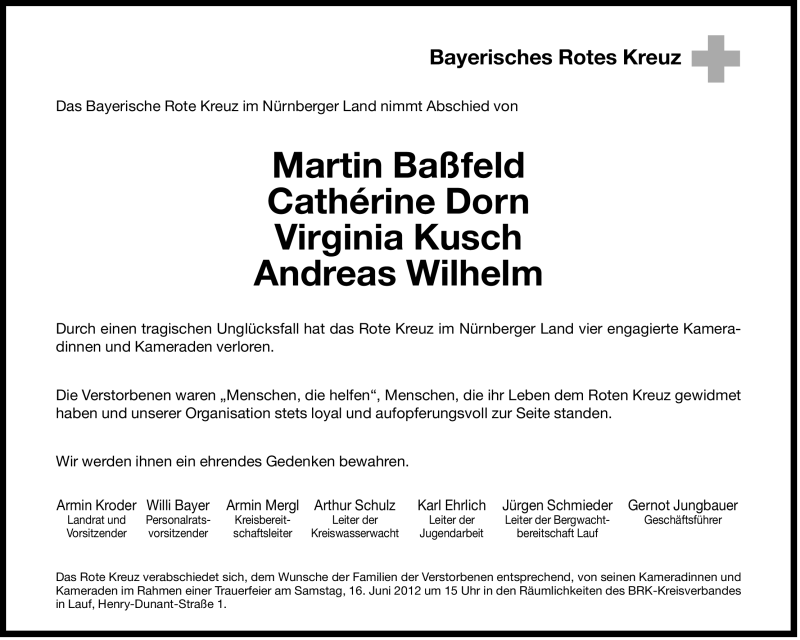  Traueranzeige für Martin,Cathérine,Virginia,Andreas Baßfeld,Dorn,Kusch,Wilhelm vom 14.06.2012 aus Der Bote