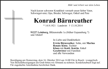Traueranzeige von Konrad Bärnruther von Der Bote