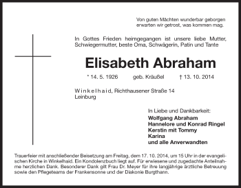 Traueranzeige von Elisabeth Abraham von Der Bote