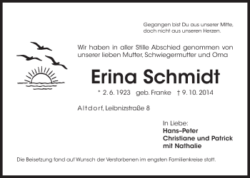 Traueranzeige von Erina Schmidt von Der Bote
