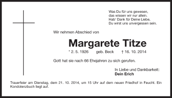 Traueranzeige von Margarete Titze von Der Bote