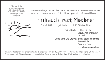Traueranzeige von Irmtraud Miederer von Der Bote