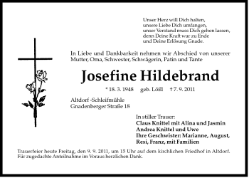 Traueranzeige von Josefine Hildebrand von Der Bote