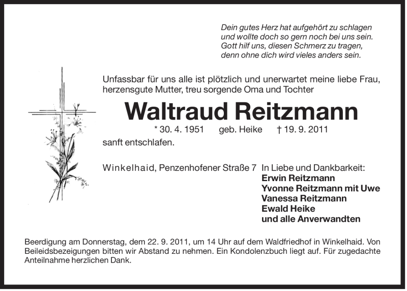  Traueranzeige für Waltraud Reitzmann vom 20.09.2011 aus N-Land