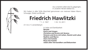 Traueranzeige von Friedrich Hawlitzki von Der Bote