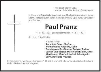 Traueranzeige von Paul Pranz von Der Bote