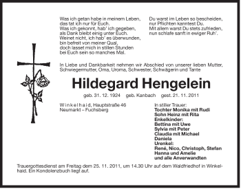 Traueranzeige von Hildegard Hengelein von Der Bote
