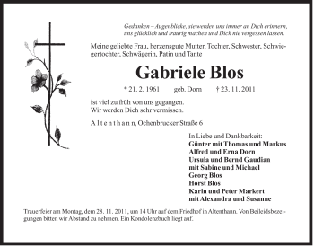 Traueranzeige von Gabriele Blos von Der Bote