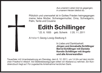 Traueranzeige von Edith Schillinger von Der Bote