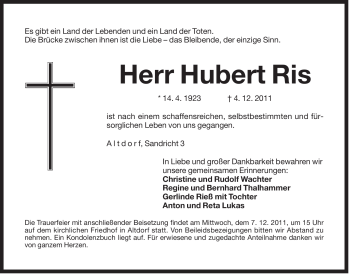 Traueranzeige von Hubert Ris von Der Bote