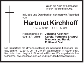 Traueranzeige von Hartmut Kirchhoff von Der Bote