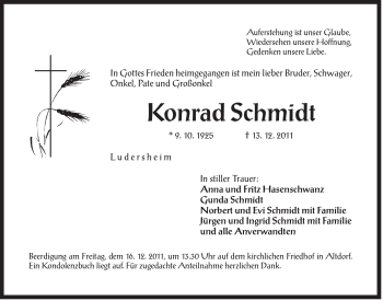 Traueranzeige von Konrad Schmidt von Der Bote