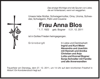 Traueranzeige von Anna Blos von Der Bote