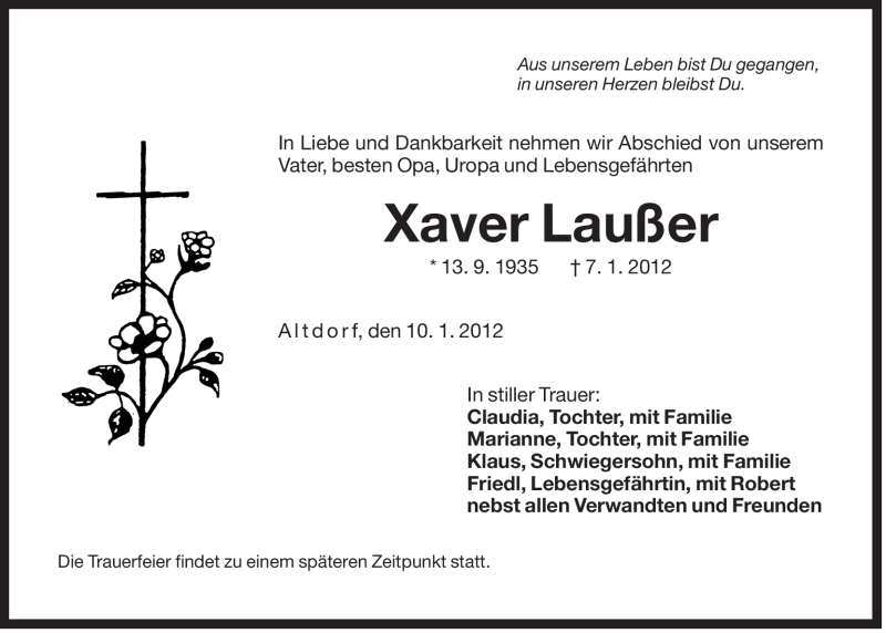  Traueranzeige für Xaver Laußer vom 11.01.2012 aus Der Bote