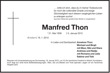 Traueranzeige von Manfred Thon von Der Bote