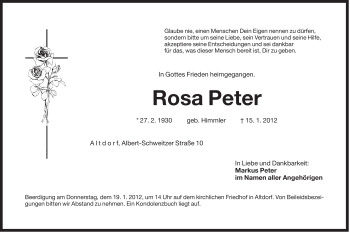 Traueranzeige von Rosa Peter von Der Bote