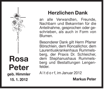 Traueranzeige von Rosa Peter von Der Bote