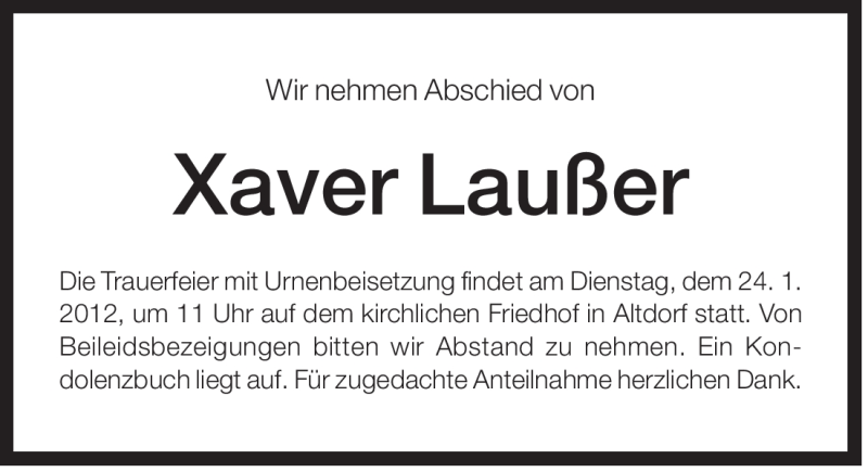  Traueranzeige für Xaver Laußer vom 21.01.2012 aus Der Bote