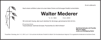 Traueranzeige von Walter Mederer von Der Bote