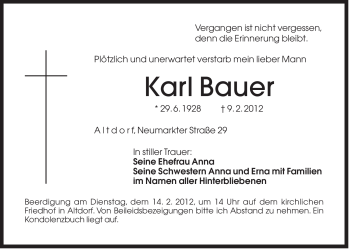 Traueranzeige von Karl Bauer von Der Bote