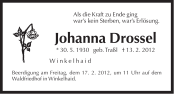 Traueranzeige von Johanna Drossel von Der Bote